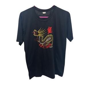 Vintage Embroidered Dragon Vietnam Tee T-Shirt Black Yellow Red Mens Small